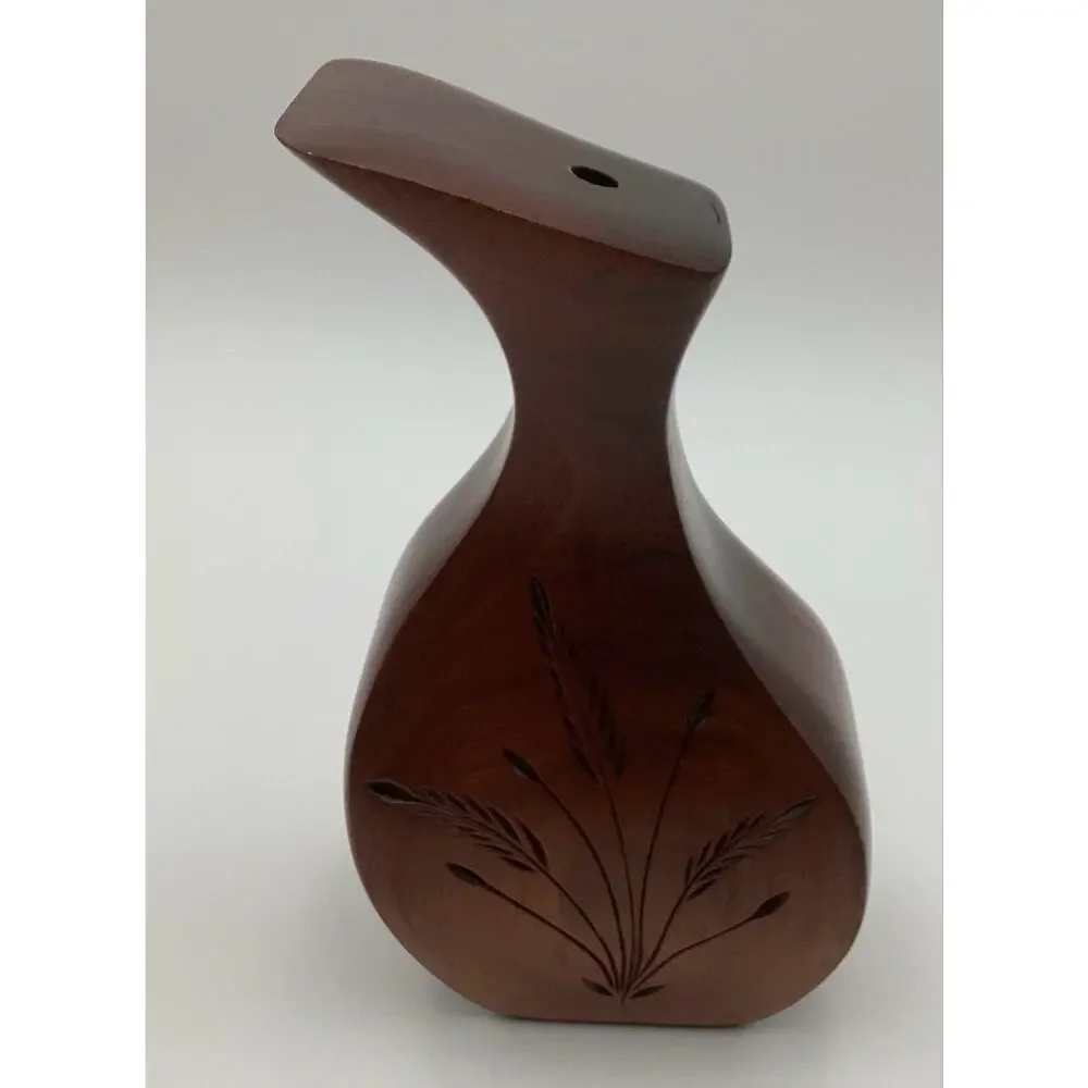 Vintage MCM Wooden Weed Pot Bud Vase Handcrafted Carved Wheat motif
